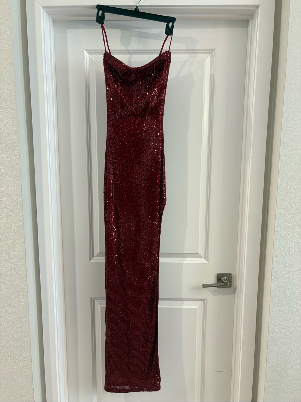 Cefian Red Sequin Spaghetti Strap Halter Evening Dress